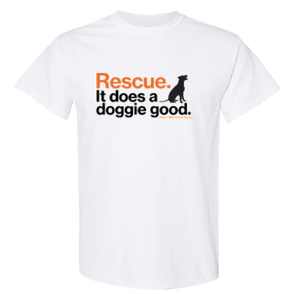 Rescue. It Does a Doggy Good Short Sleeve T-Shirt | White & Orange